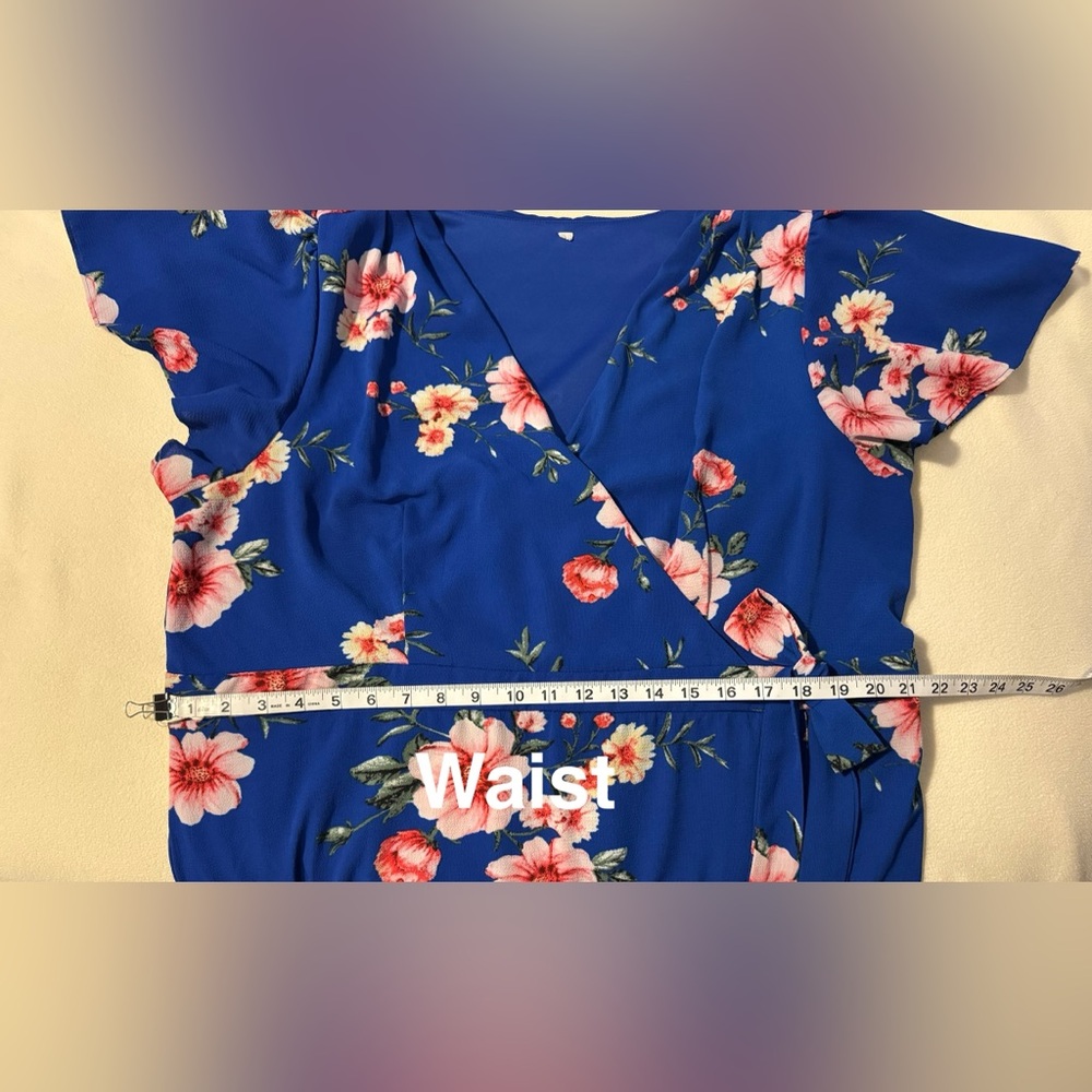 Vibrant Floral Dress 18/20 Blue & Botanical Pinks Faux-wrap Midi - Picture 9 of 11
